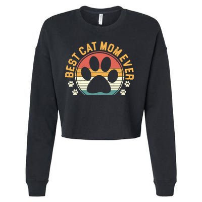 Best Cat Mom Ever Retro Sunset Cropped Pullover Crew