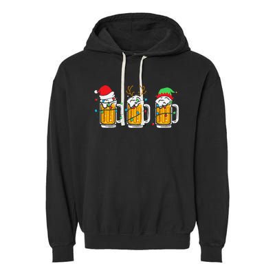 Beer Christmas Mug Santa Reinbeer Xmas Tree Lights Garment-Dyed Fleece Hoodie