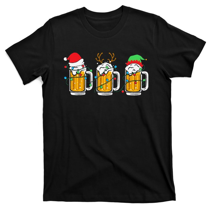 Beer Christmas Mug Santa Reinbeer Xmas Tree Lights T-Shirt