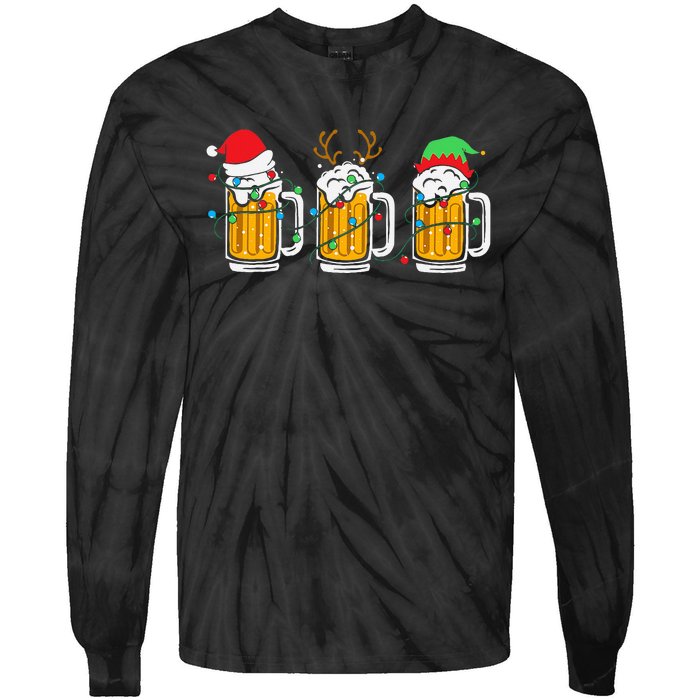 Beer Christmas Mug Santa Reinbeer Xmas Tree Lights Tie-Dye Long Sleeve Shirt