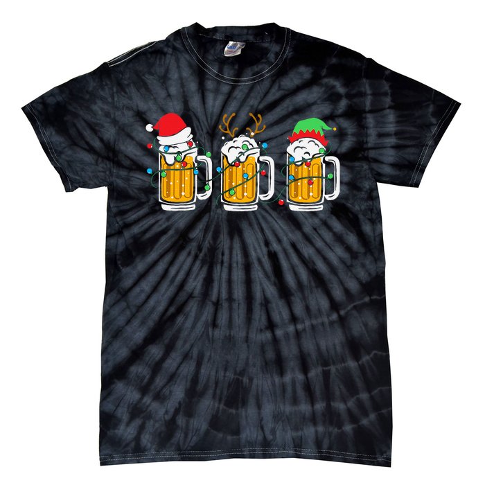 Beer Christmas Mug Santa Reinbeer Xmas Tree Lights Tie-Dye T-Shirt