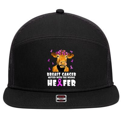 Breast Cancer Messed With The Wrong Heifer Strong Farmer 7 Panel Mesh Trucker Snapback Hat