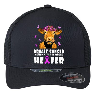 Breast Cancer Messed With The Wrong Heifer Strong Farmer Flexfit Unipanel Trucker Cap