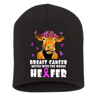 Breast Cancer Messed With The Wrong Heifer Strong Farmer Short Acrylic Beanie