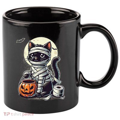 Black Cat Mummy Halloween Funny Black Cat Gift 11oz C Handle Ceramic Mug
