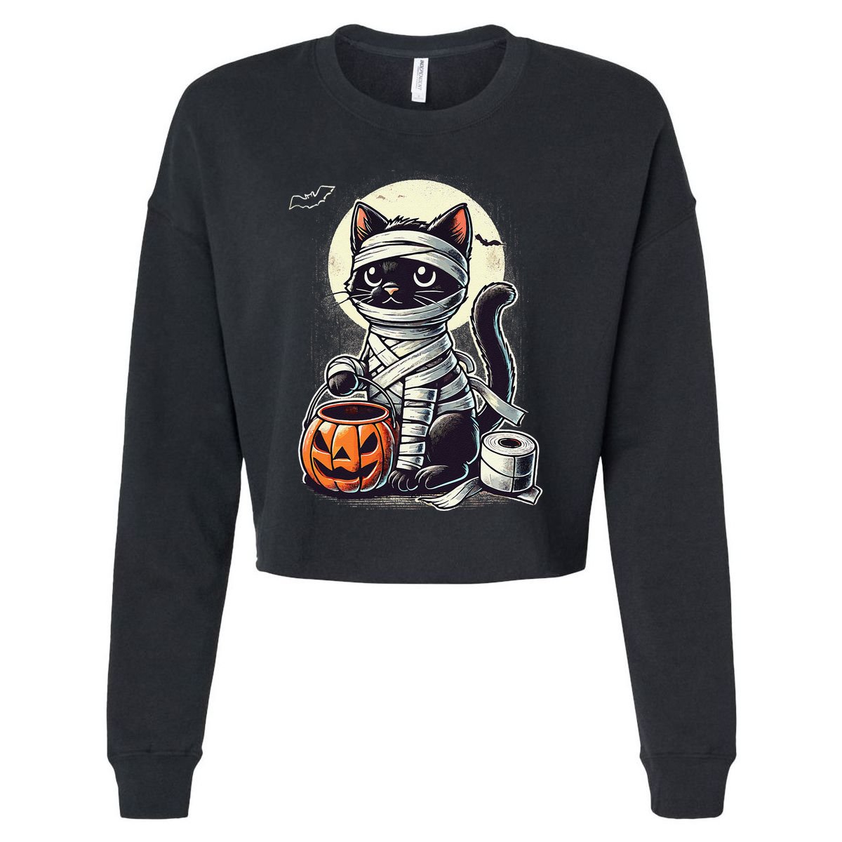 Black Cat Mummy Halloween Funny Black Cat Gift Cropped Pullover Crew