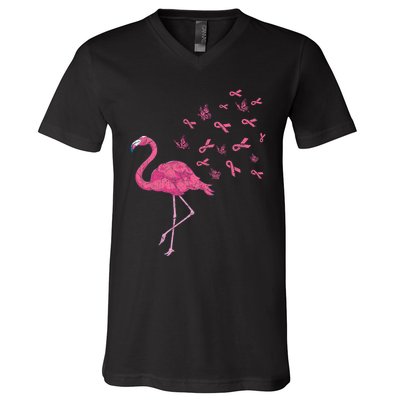 Breast Cancer Month Flamingo Pink Ribbon Breast Cancer Awareness V-Neck T-Shirt