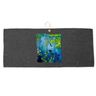 Black Cat Monets Waterlily Painting Art Cat Large Microfiber Waffle Golf Towel