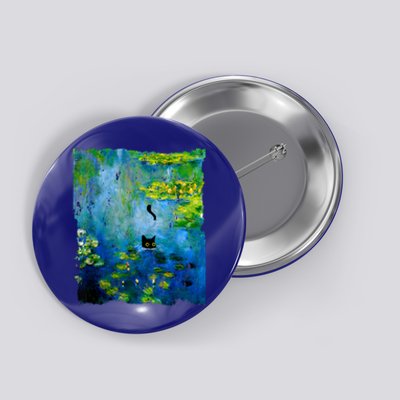 Black Cat Monets Waterlily Painting Art Cat Button