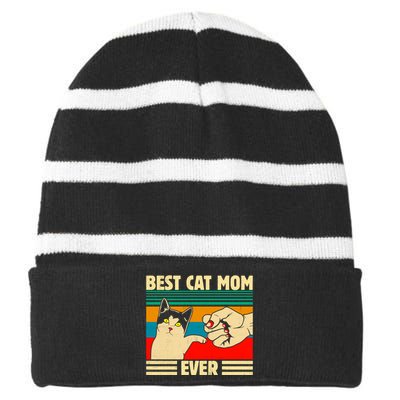 Best Cat Mom Ever Mother's Day Striped Beanie with Solid Band