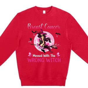 Breast Cancer Messed With The Wrong Pink Witch Hat Halloween Premium Crewneck Sweatshirt