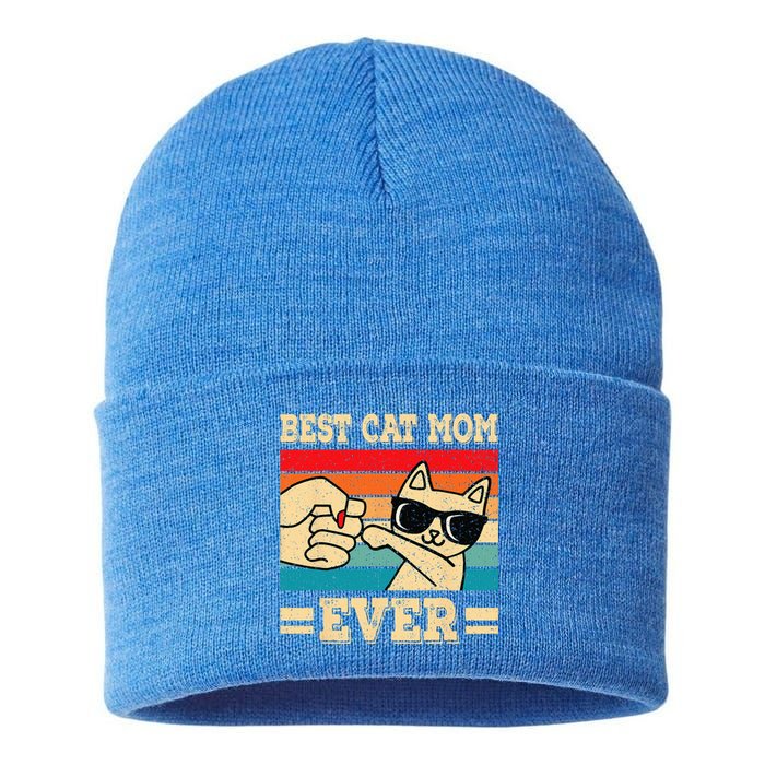 Best Cat Mom Ever Funny Cat Retro Vintage Cat Lover Women Sustainable Knit Beanie