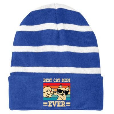 Best Cat Mom Ever Funny Cat Retro Vintage Cat Lover Women Striped Beanie with Solid Band