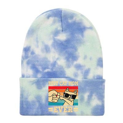 Best Cat Mom Ever Funny Cat Retro Vintage Cat Lover Women Tie Dye 12in Knit Beanie