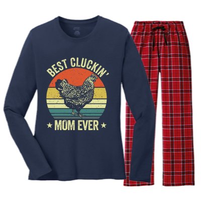 Best Cluckin Mom Ever, Retro Funny Clucking Chicken Farmer Women's Long Sleeve Flannel Pajama Set 