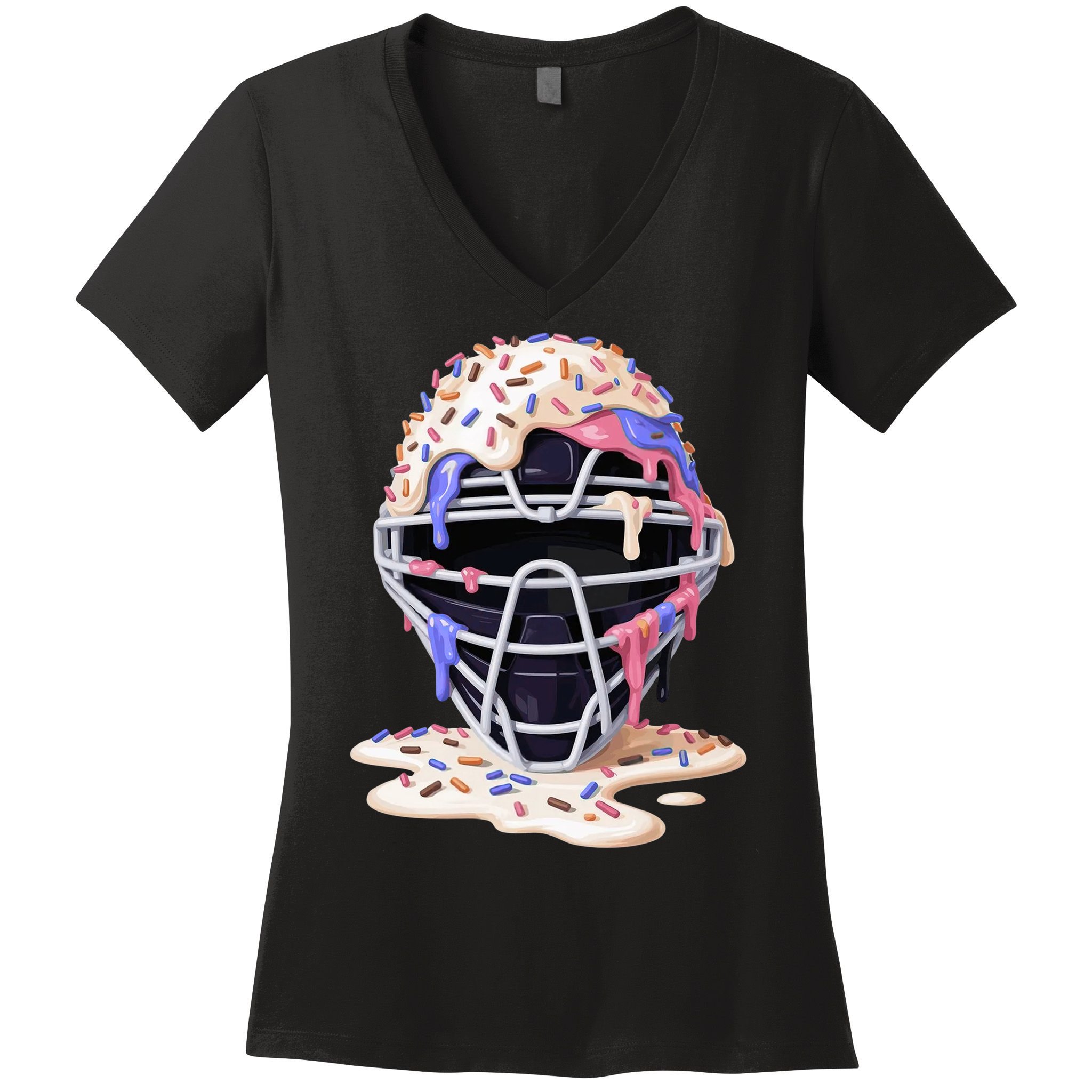 Baseball Catcher Mask Ice Cream Dripping Fan Women's V-Neck T-Shirt