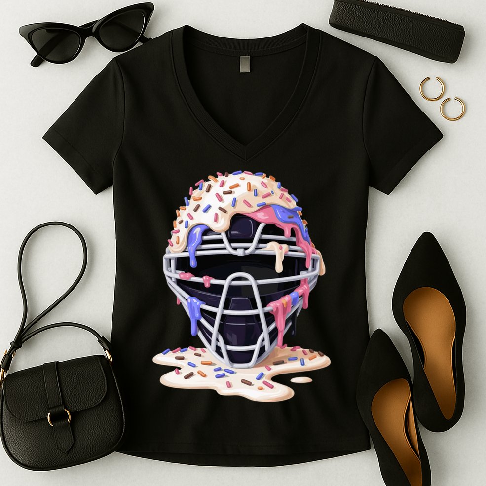 Baseball Catcher Mask Ice Cream Dripping Fan Women's V-Neck T-Shirt