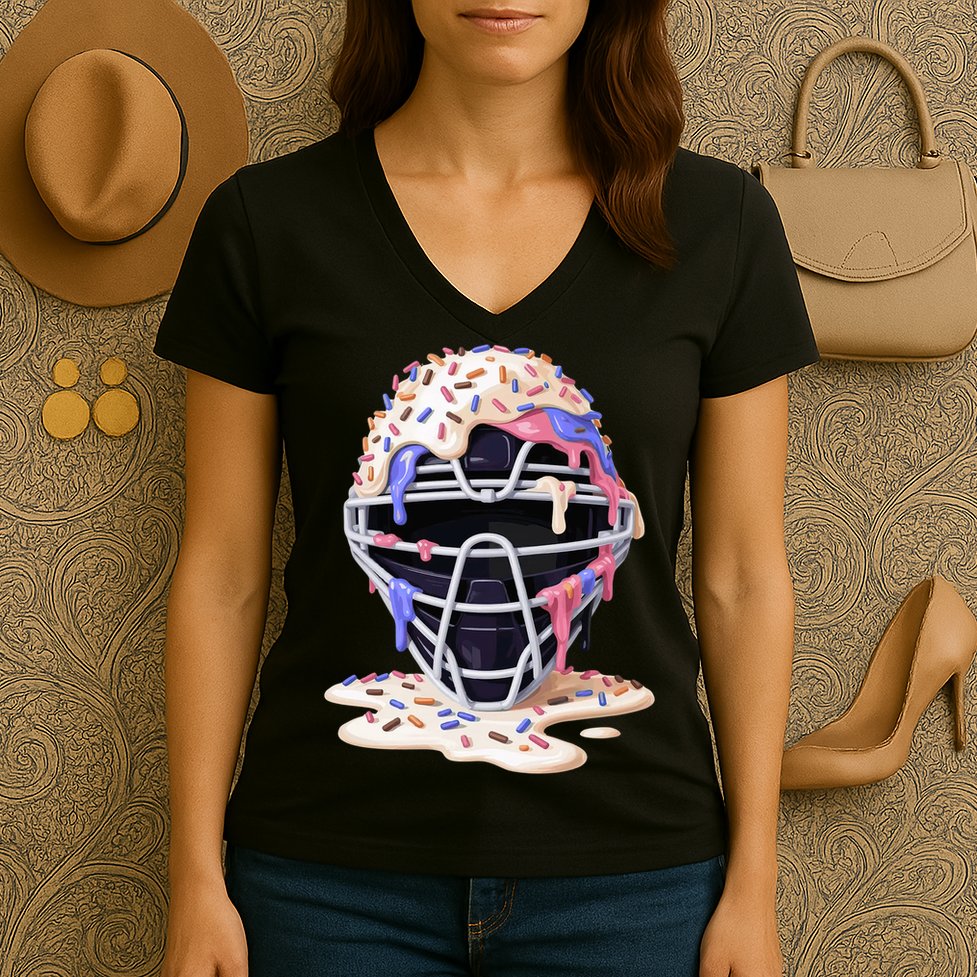 Baseball Catcher Mask Ice Cream Dripping Fan Women's V-Neck T-Shirt