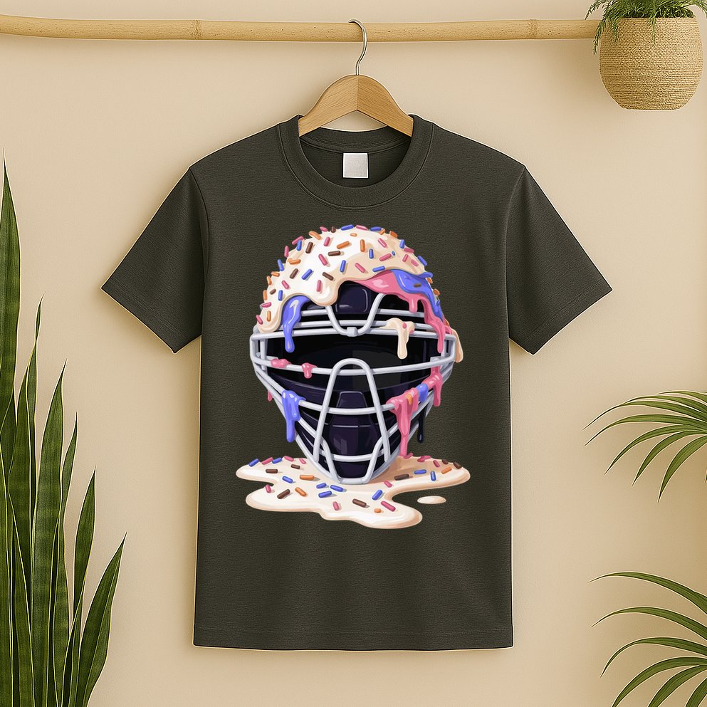 Baseball Catcher Mask Ice Cream Dripping Fan T-Shirt