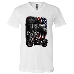 Biker Christian Motorcycles Lover One Nation Under God V-Neck T-Shirt