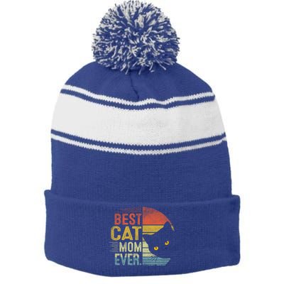 Best Cat Mom Ever Cute Mother's Day Cat Lovers Cat Mommy Great Gift Stripe Pom Pom Beanie