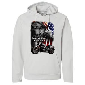 Biker Christian Motorcycles Lover One Nation Under God Performance Fleece Hoodie