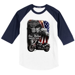 Biker Christian Motorcycles Lover One Nation Under God Baseball Sleeve Shirt