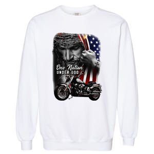 Biker Christian Motorcycles Lover One Nation Under God Garment-Dyed Sweatshirt