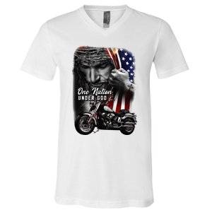 Biker Christian Motorcycles Lover One Nation Under God V-Neck T-Shirt