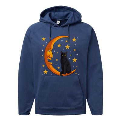 Black Cat Moon Kitten Lover Funny Crescent Pet Owner Performance Fleece Hoodie