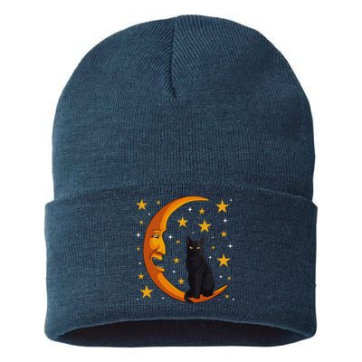 Black Cat Moon Kitten Lover Funny Crescent Pet Owner Sustainable Knit Beanie