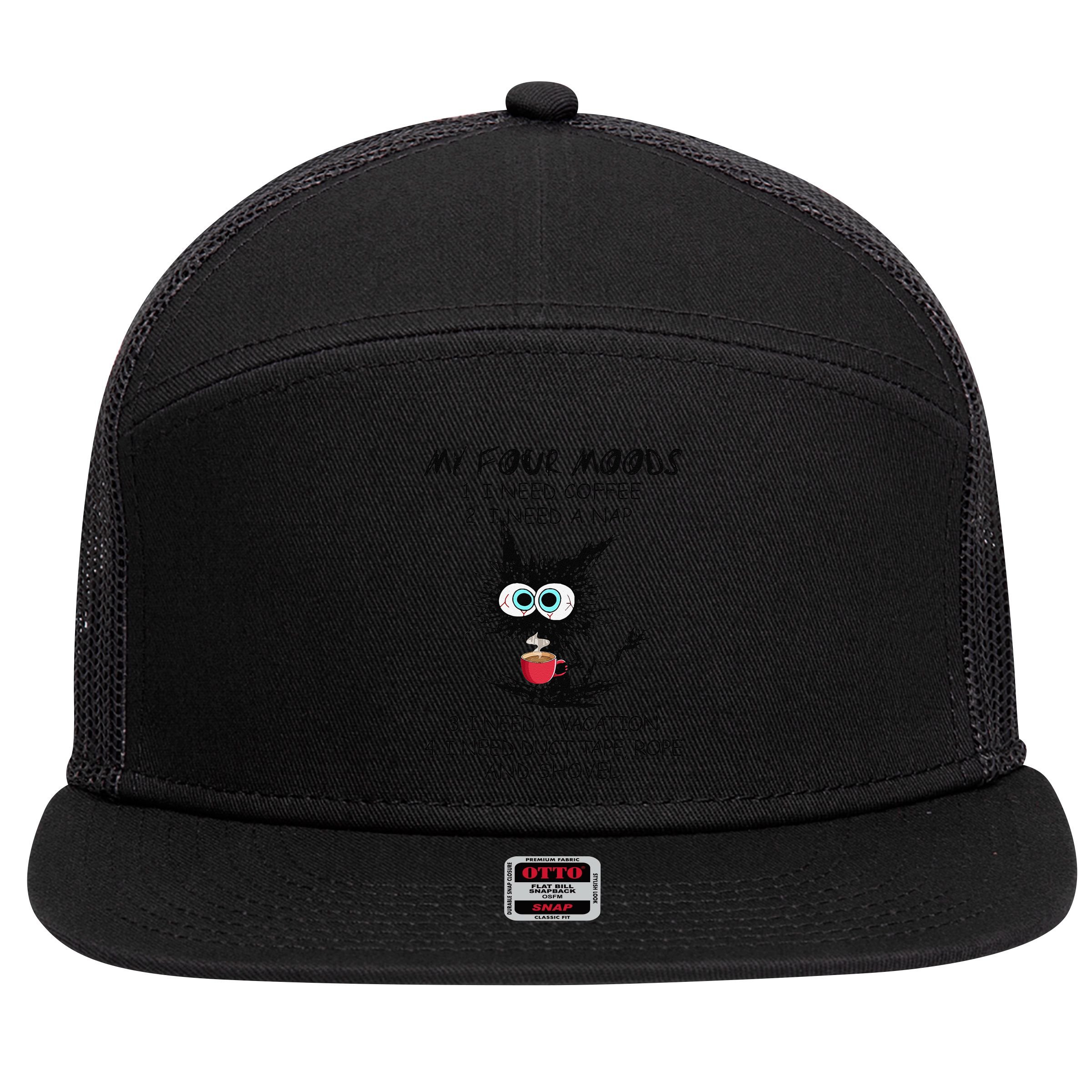 Black Cat My Four Moods I Need Coffee I Need A Nap Coffee 7 Panel Mesh Trucker Snapback Hat