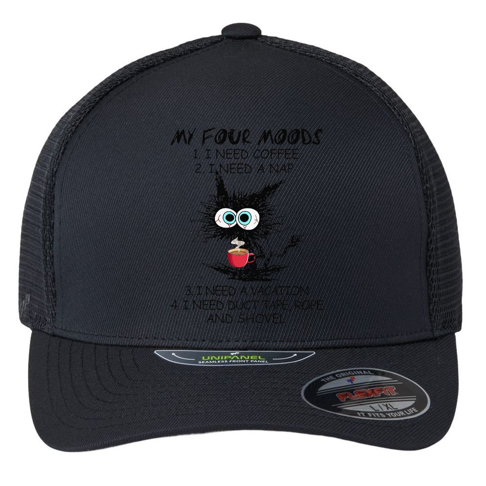Black Cat My Four Moods I Need Coffee I Need A Nap Coffee Flexfit Unipanel Trucker Cap