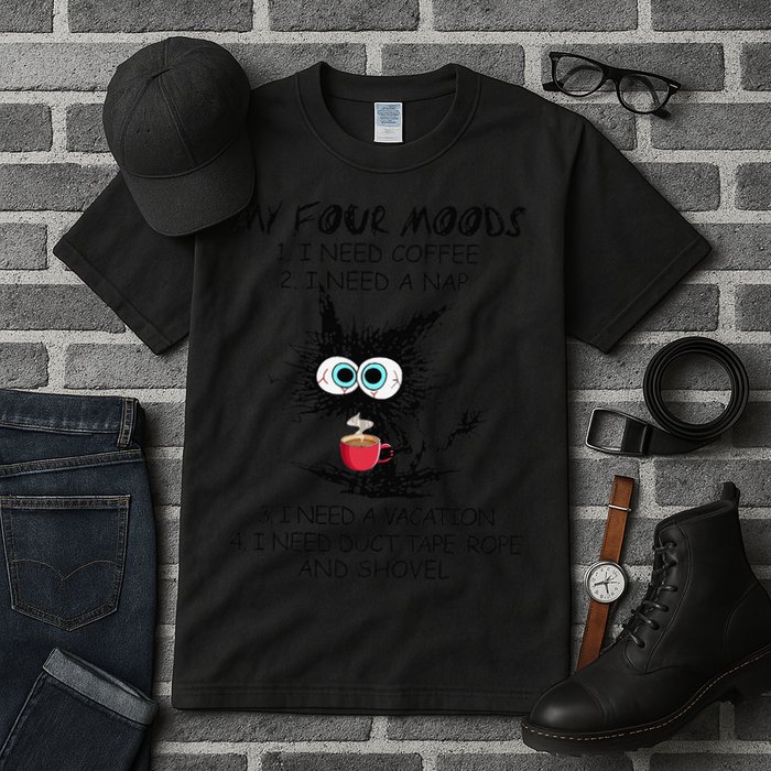 Black Cat My Four Moods I Need Coffee I Need A Nap Coffee Tall T-Shirt
