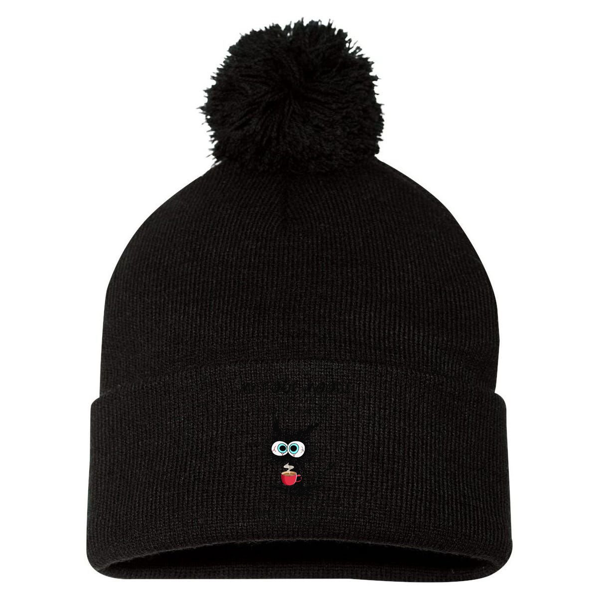Black Cat My Four Moods I Need Coffee I Need A Nap Coffee Pom Pom 12in Knit Beanie