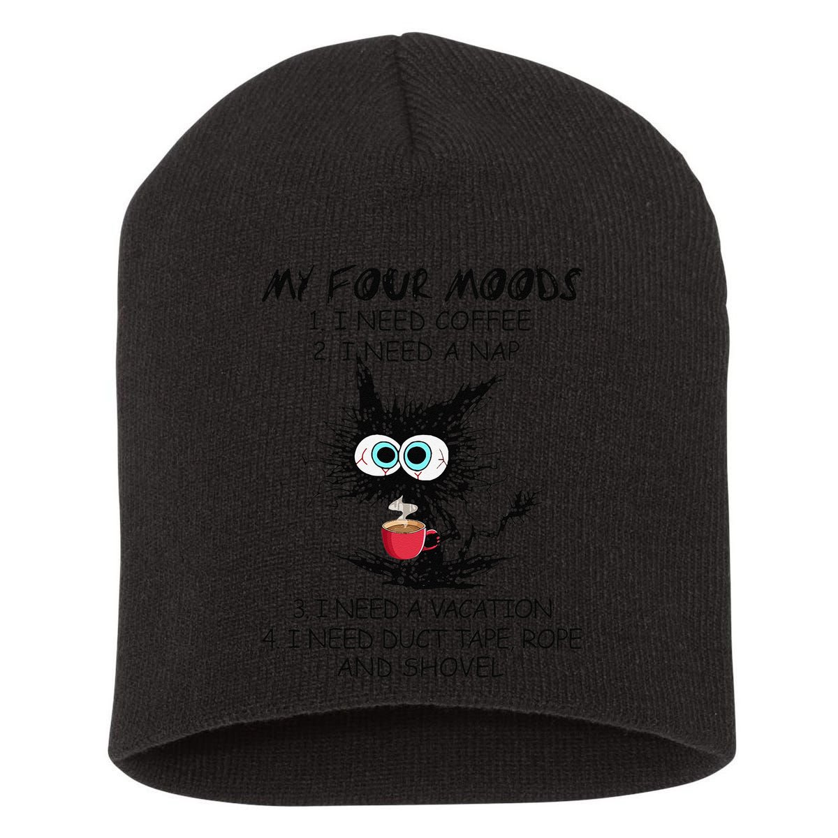 Black Cat My Four Moods I Need Coffee I Need A Nap Coffee Short Acrylic Beanie