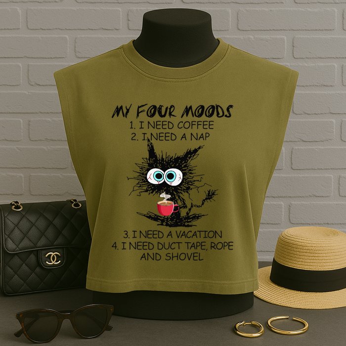 Black Cat My Four Moods I Need Coffee I Need A Nap Coffee Garment-Dyed Women's Muscle Tee