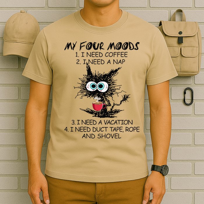 Black Cat My Four Moods I Need Coffee I Need A Nap Coffee T-Shirt