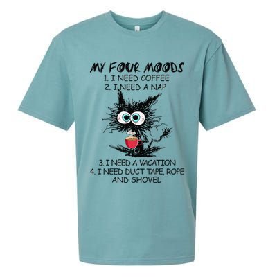 Black Cat My Four Moods I Need Coffee I Need A Nap Coffee Sueded Cloud Jersey T-Shirt