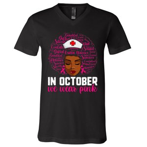 Breast Cancer Nursing African Black Nurse Pink Ribbon V-Neck T-Shirt