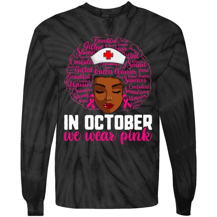 Breast Cancer Nursing African Black Nurse Pink Ribbon Tie-Dye Long Sleeve Shirt