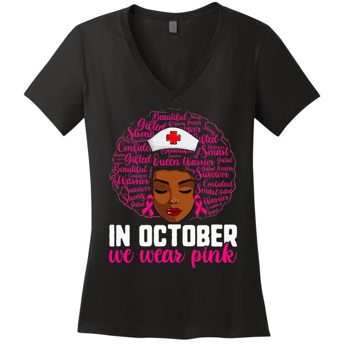 Breast Cancer Nursing African Black Nurse Pink Ribbon Women's V-Neck T-Shirt