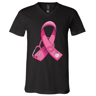 Breast Cancer Nurse Stethoscope Pink Ribbon V-Neck T-Shirt