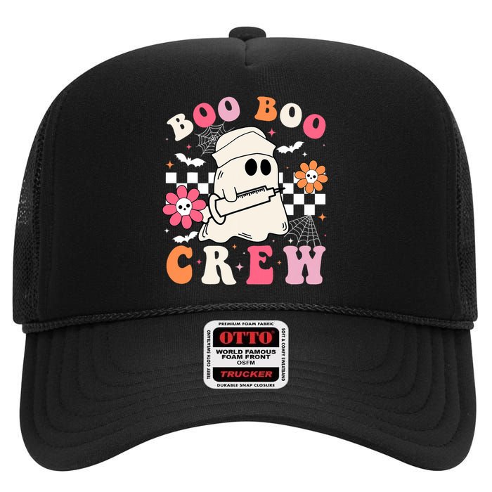 Boo Crew Nurse Halloween Outfits For Women Groovy High Crown Mesh Back Trucker Hat