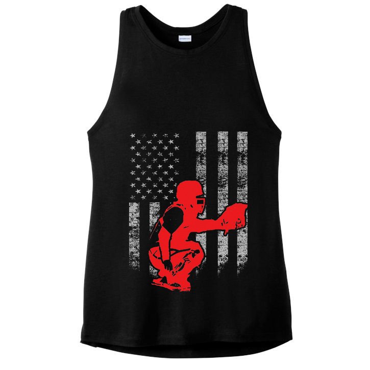 Baseball Catcher On American Flag Baseball Catcher Flag Ladies PosiCharge Tri-Blend Wicking Tank