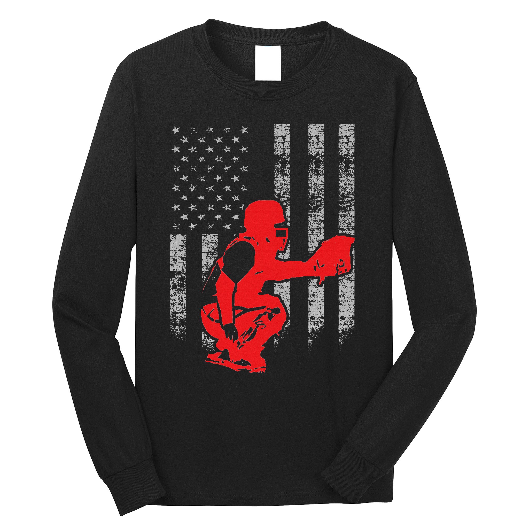 Baseball Catcher On American Flag Baseball Catcher Flag Long Sleeve Shirt