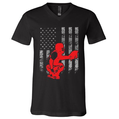Baseball Catcher On American Flag Baseball Catcher Flag V-Neck T-Shirt