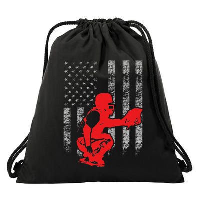 Baseball Catcher On American Flag Baseball Catcher Flag Drawstring Bag