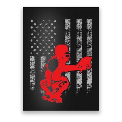 Baseball Catcher On American Flag Baseball Catcher Flag Poster