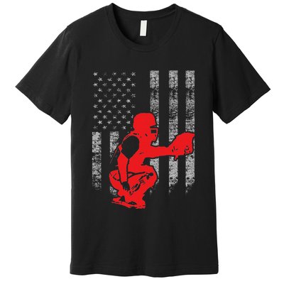 Baseball Catcher On American Flag Baseball Catcher Flag Premium T-Shirt